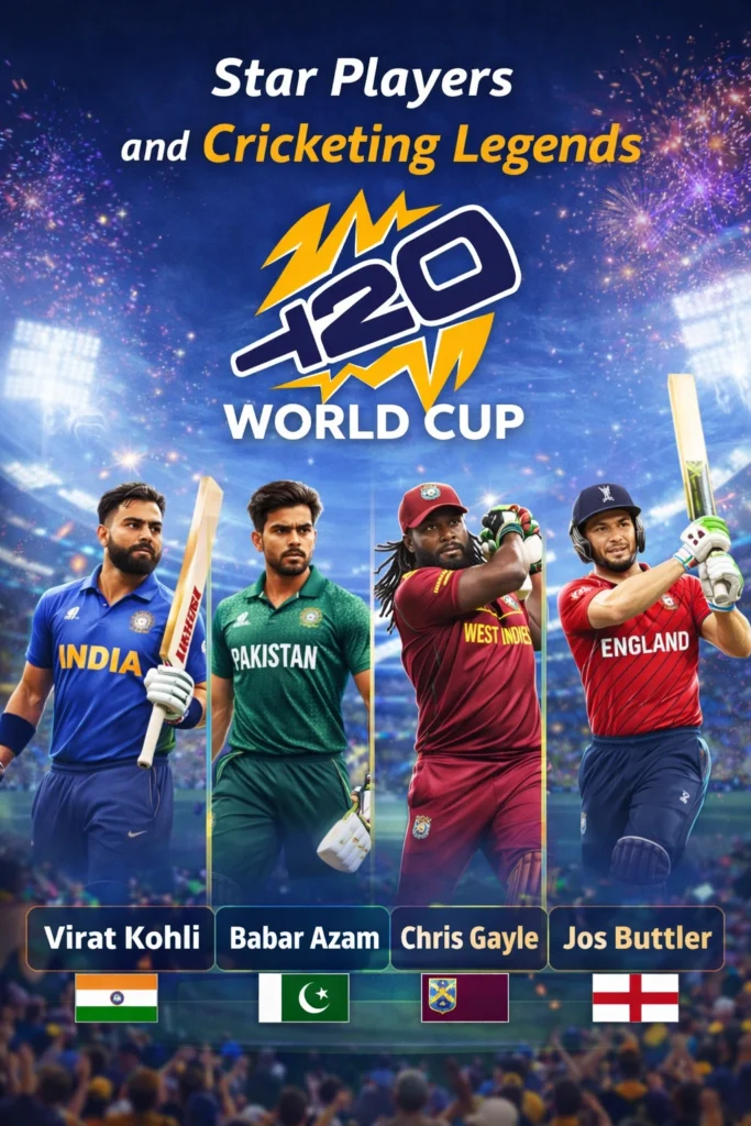 T20 World Cup star players poster featuring Virat Kohli, Babar Azam, Chris Gayle and Jos Buttler in cricket stadium with fireworks