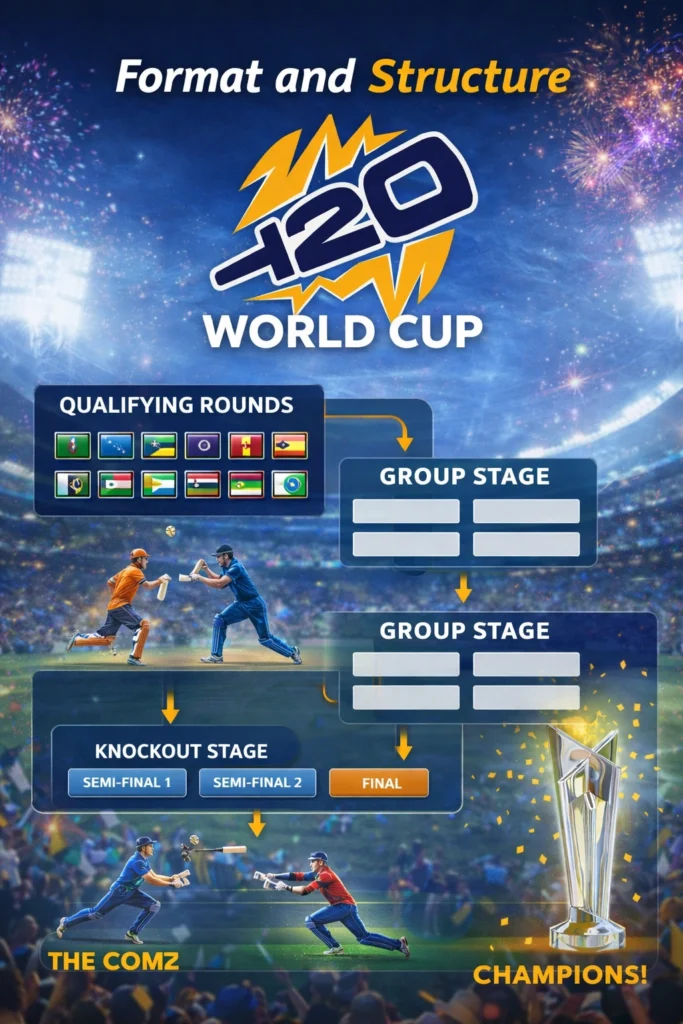 T20 World Cup format and structure infographic showing qualifying rounds, group stage, knockout stage, semi-finals, final, and trophy