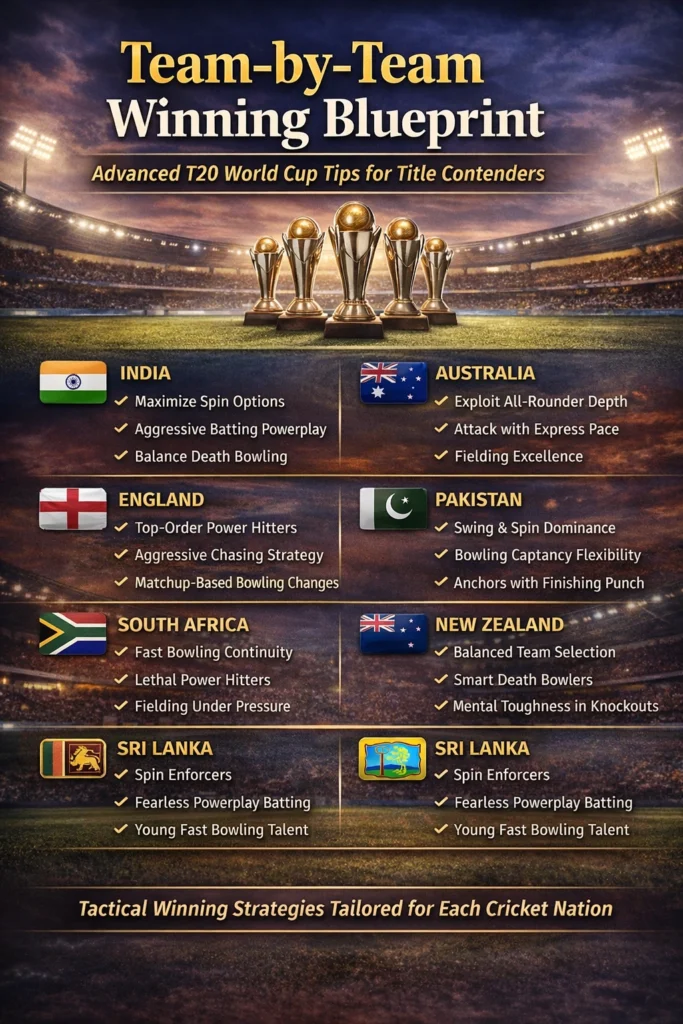 Team-by-Team Winning Blueprint infographic with advanced T20 World Cup tips for title contenders