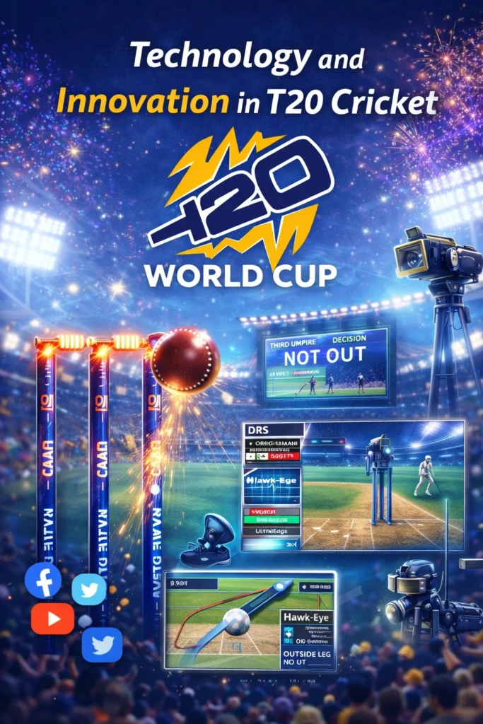 T20 World Cup cricket technology infographic showing DRS system, Hawk-Eye tracking, LED stumps, third umpire screen and stadium action