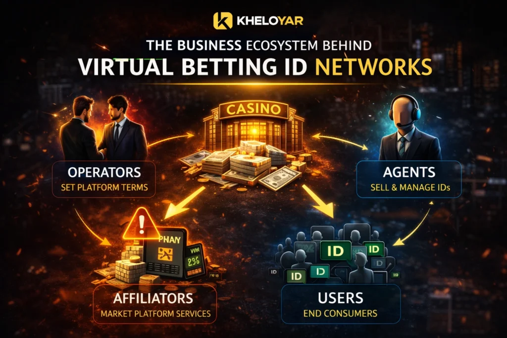 The Business Ecosystem Behind Virtual Betting ID Networks infographic showing operators, agents, affiliates, and users connected within an online gambling business model with Kheloyar branding.