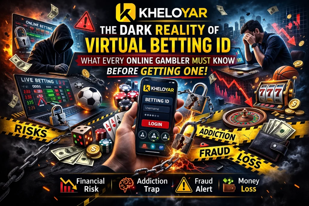 The Dark Reality of Virtual Betting ID poster featuring Kheloyar logo, online gambling risks, financial loss warning, addiction alert, and fraud danger visuals.