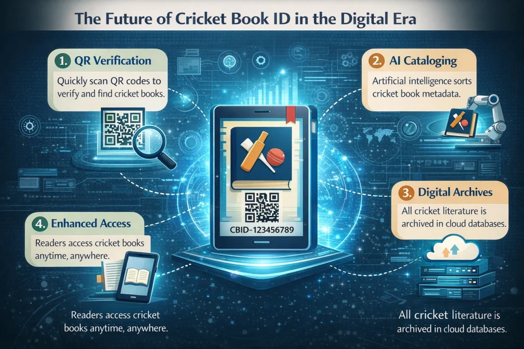 Infographic showing the future of Cricket Book ID in the digital era including QR verification, AI cataloging, and digital archives