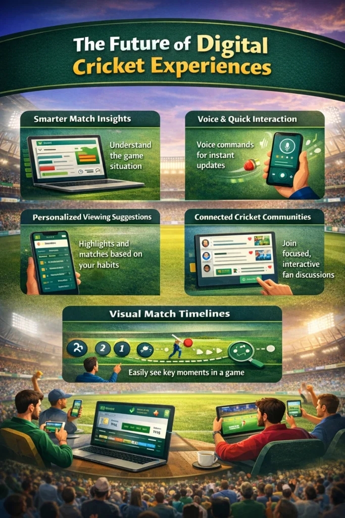 Future of digital cricket experiences infographic showing smart insights personalized updates and connected cricket technology