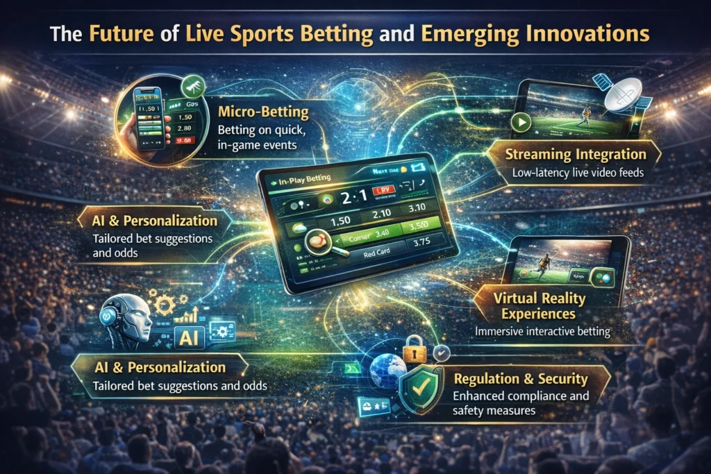 Infographic showing the future of live sports betting with AI, micro-betting, streaming, and virtual reality innovations