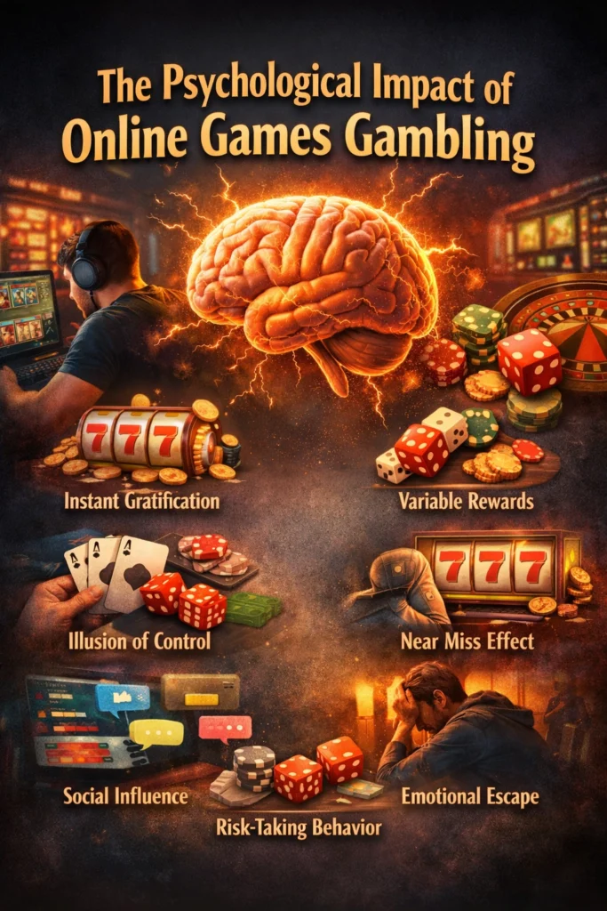 Psychological impact of Online Games Gambling showing addiction risk, dopamine effect, emotional stress and digital betting behavior