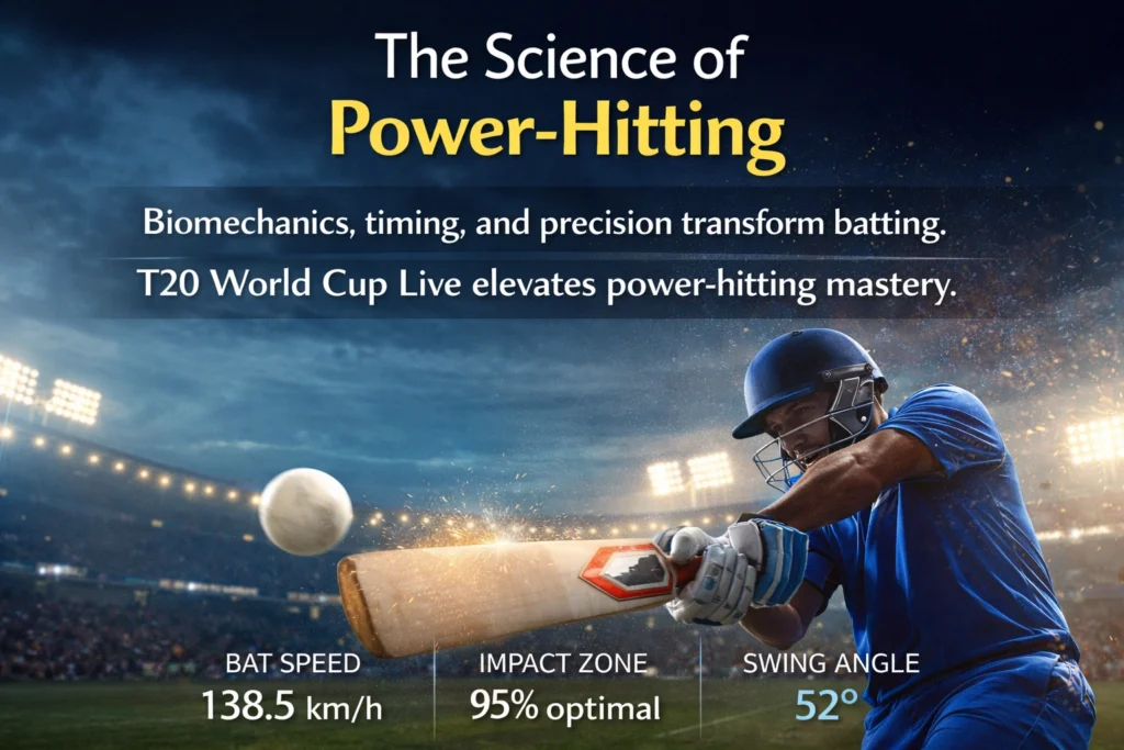 Cricket batsman playing a powerful six shot during T20 match representing the science of power-hitting