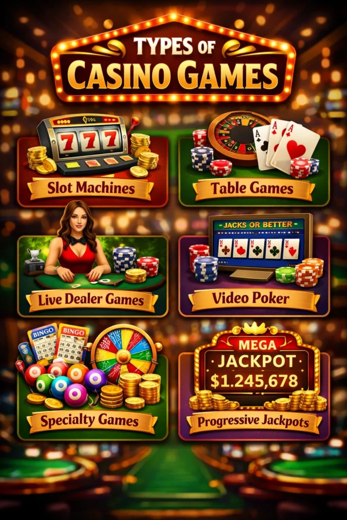 Types of Casino Games infographic showing slot machines, table games, live dealer games, video poker, specialty games and progressive jackpots