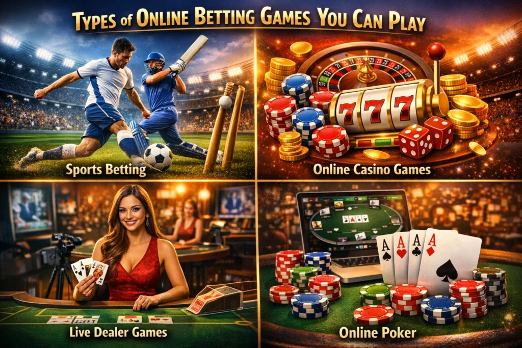 Types of online betting games including sports betting, casino slots, poker, and live dealer games