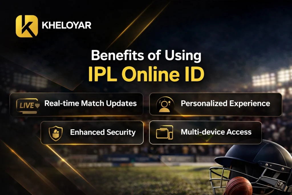 Benefits of IPL Online ID with Kheloyar logo and cricket theme illustration