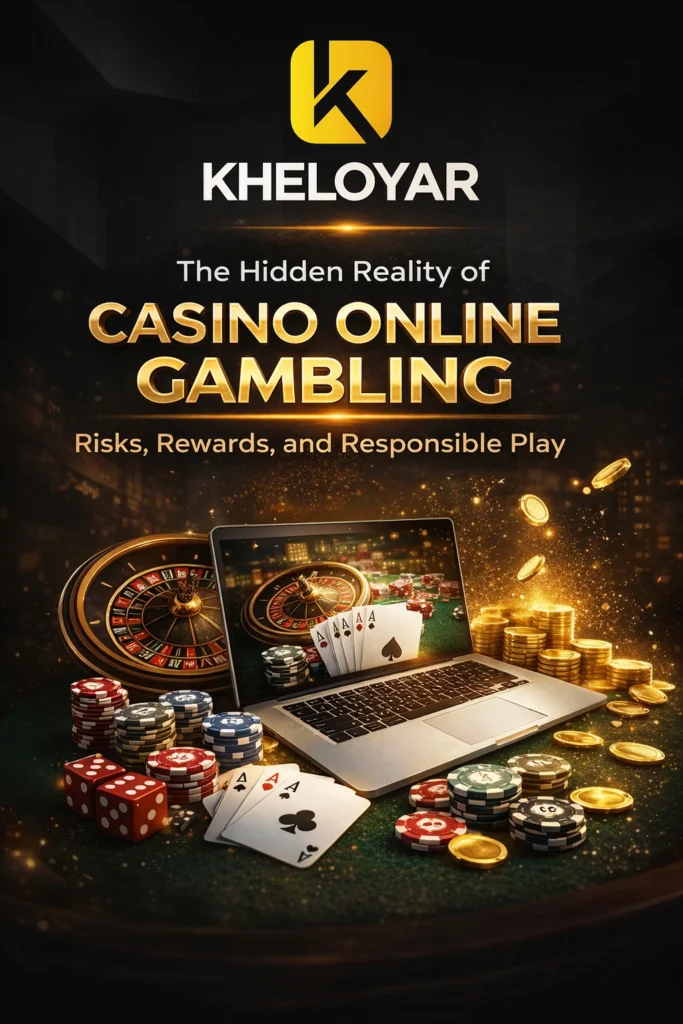 Casino online gambling concept with Kheloyar logo showing risks, rewards, and responsible play with poker chips, roulette, and laptop