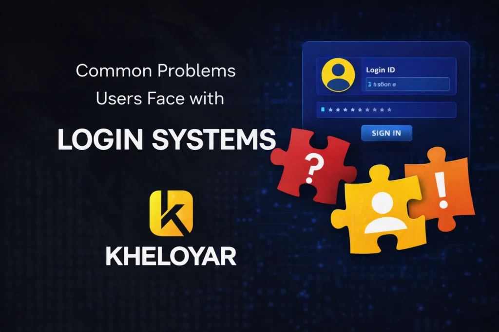 Common login system problems illustration with KheloYaar logo showing login error, password issue, and account access problems