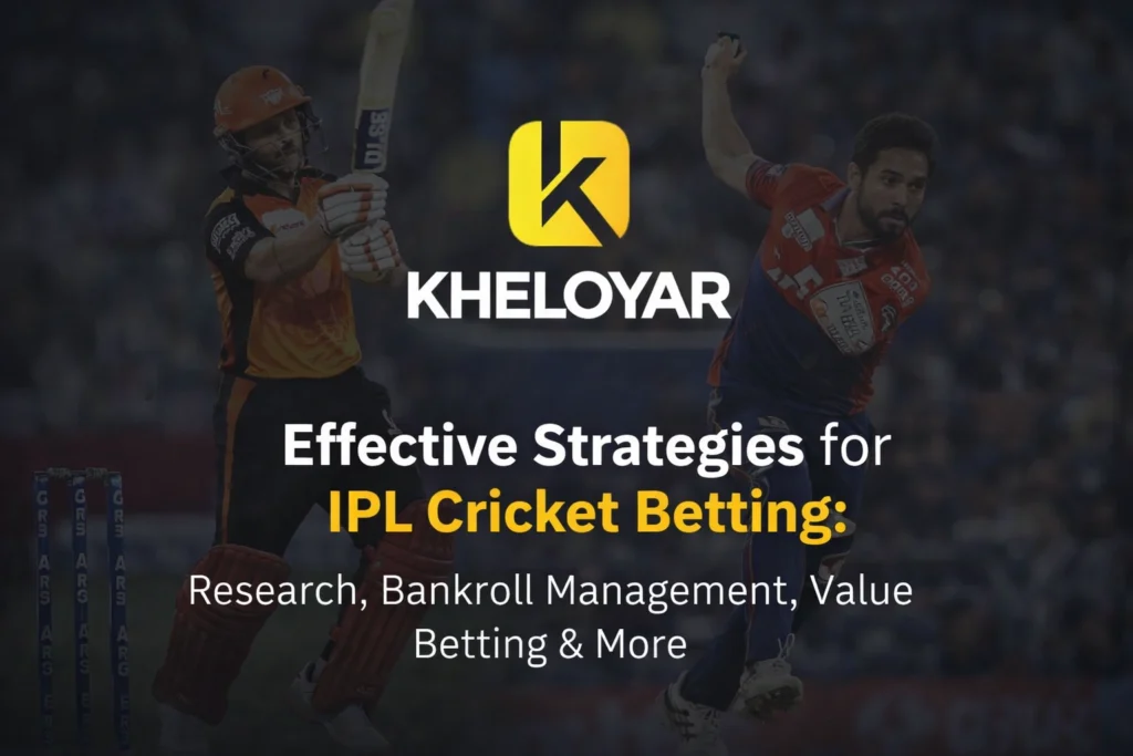 Effective strategies for IPL Cricket Betting banner with Kheloyar logo and cricket players