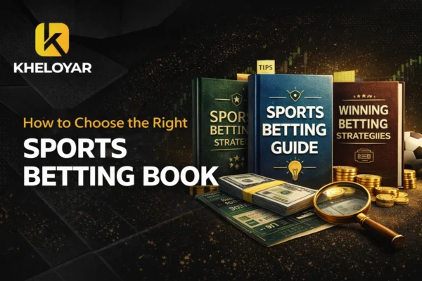 How to Choose the Right Sports Betting Book with Kheloyar logo showing sports betting guide, analytics chart and betting strategy concept.