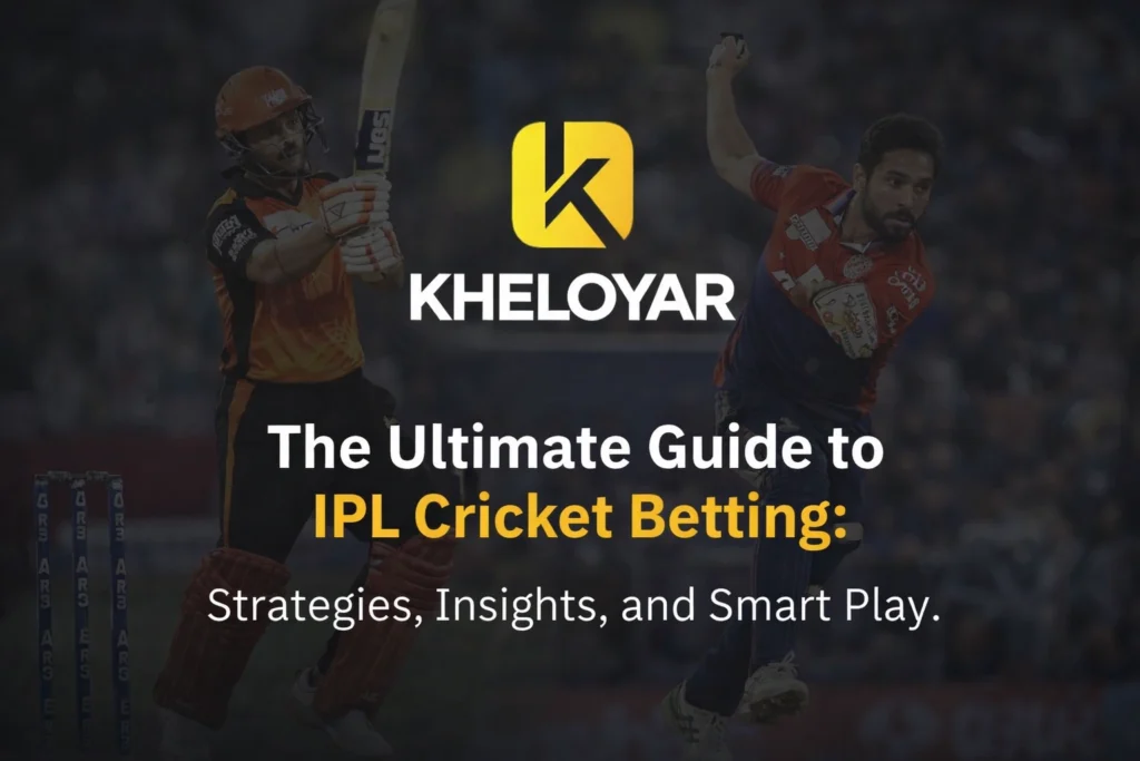 IPL Cricket Betting guide banner with Kheloyar logo and players showing strategies insights and smart play