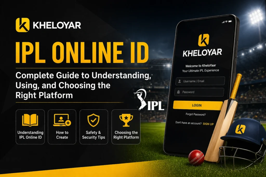 IPL Online ID complete guide banner with Kheloyar logo and cricket theme