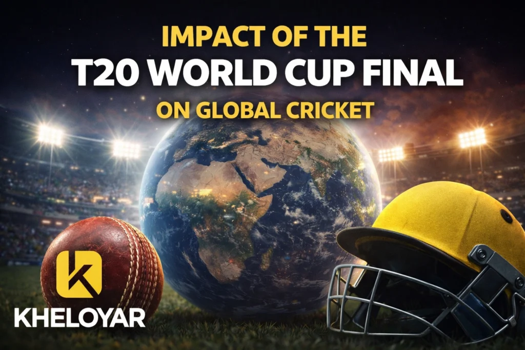 Impact of the T20 World Cup Final on global cricket with fans celebration and KheloYaar sports platform logo