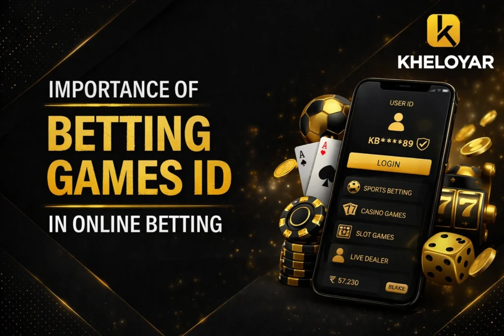 Importance of betting games ID in online betting with Kheloyar logo and mobile betting dashboard