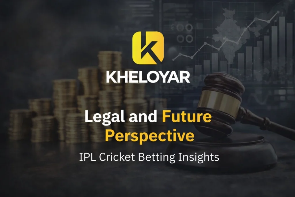 Legal and future perspective of IPL Cricket Betting with Kheloyar logo and financial growth concept