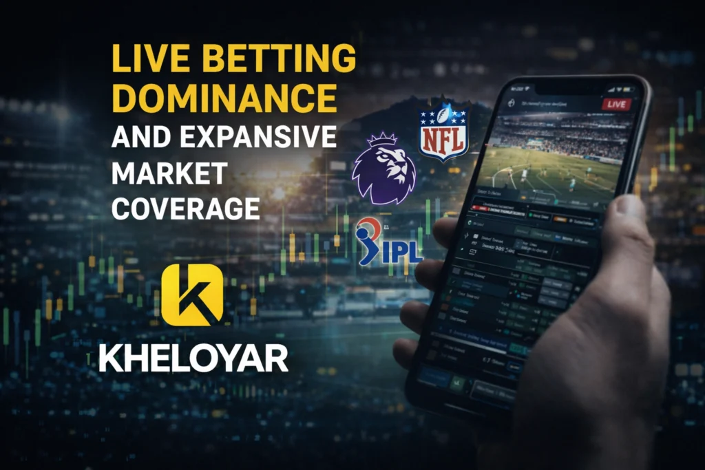 Live Betting Dominance and Expansive Market Coverage banner featuring Kheloyar logo and real-time sports betting interface