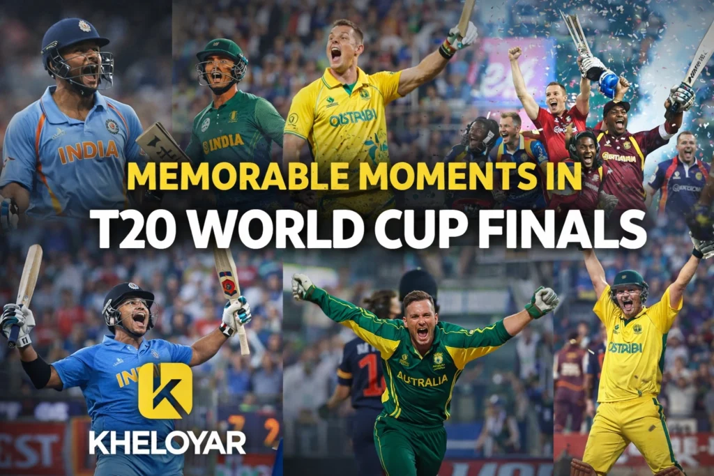 Memorable moments in T20 World Cup Finals cricket celebration with KheloYaar logo representing historic cricket victories