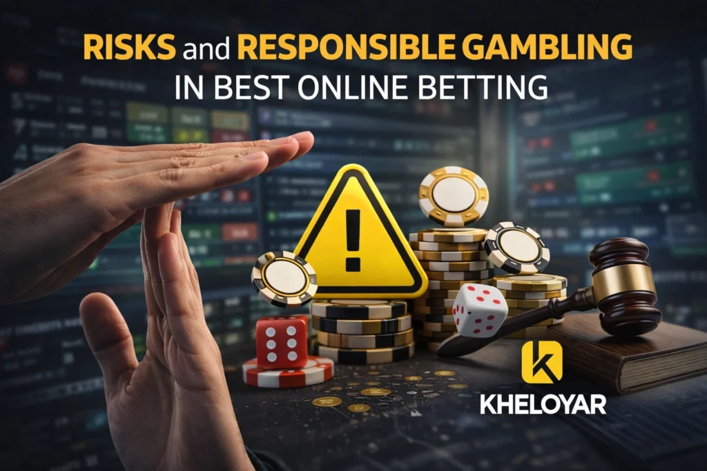 Responsible gambling in best online betting with Kheloyar logo highlighting risks, safe play, and betting control strategies