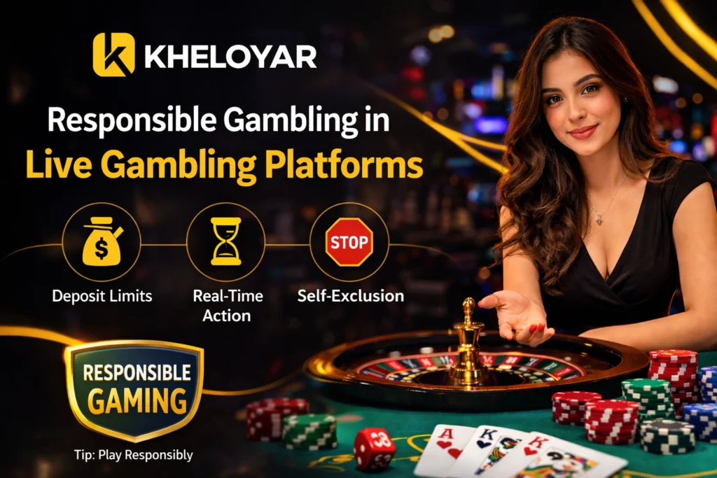 Responsible gambling in live gambling platforms with live dealer, roulette table and Kheloyar logo