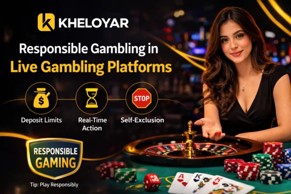 Responsible gambling in live gambling platforms with live dealer, roulette table and Kheloyar logo