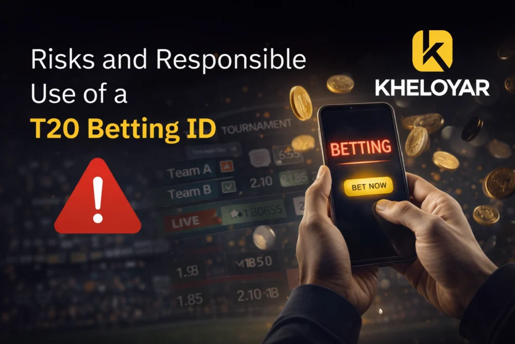 Risks and responsible use of a T20 betting ID with Kheloyaar logo and cricket betting interface