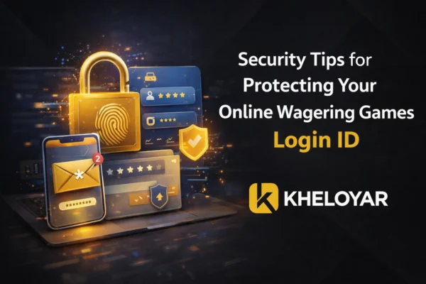 Security tips for protecting online wagering games Login ID with Kheloyar logo showing secure gaming account protection.