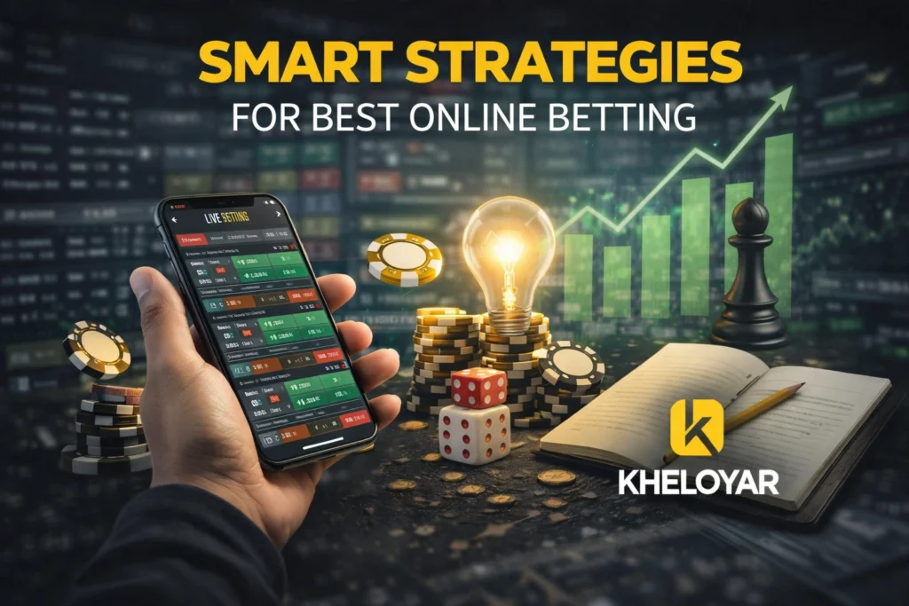 Smart strategies for best online betting with Kheloyar logo showing tips, planning, and winning betting techniques