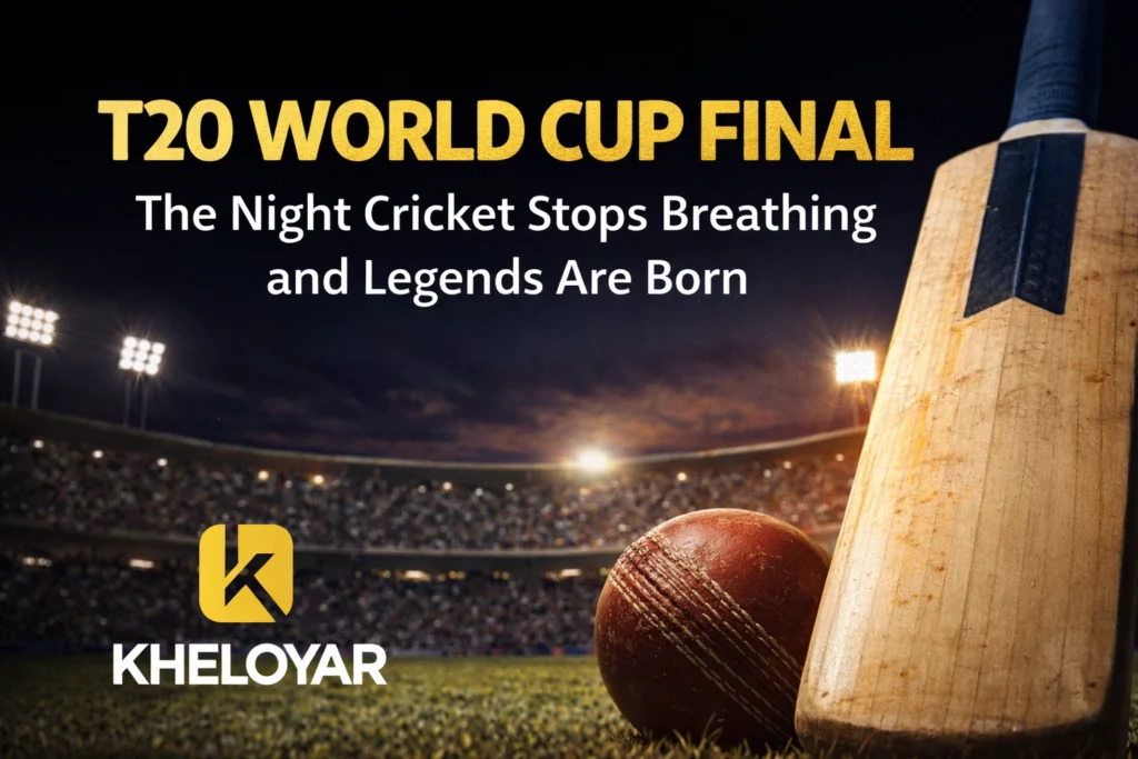T20 World Cup Final cricket stadium moment with KheloYaar logo representing cricket excitement and legendary performances