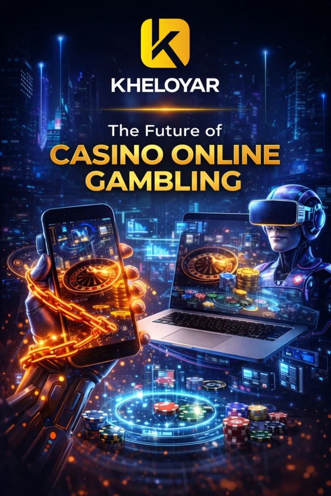 Future of casino online gambling with Kheloyar logo showing AI, VR casino, digital gaming, and modern online betting technology