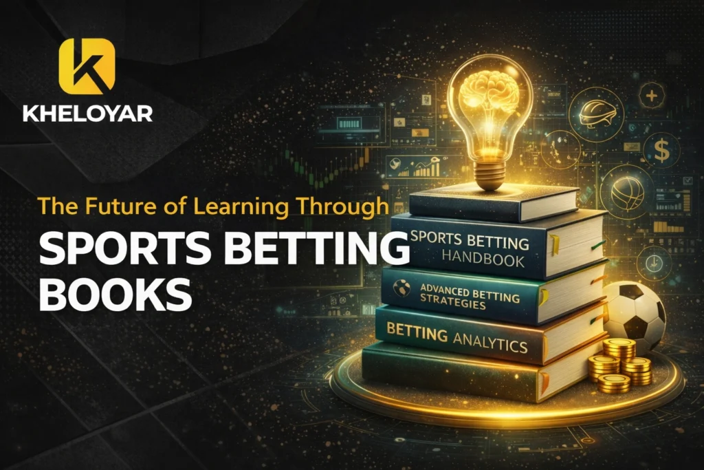 The Future of Learning Through Sports Betting Books with Kheloyar logo showing sports analytics charts, betting strategy books and digital learning concept.