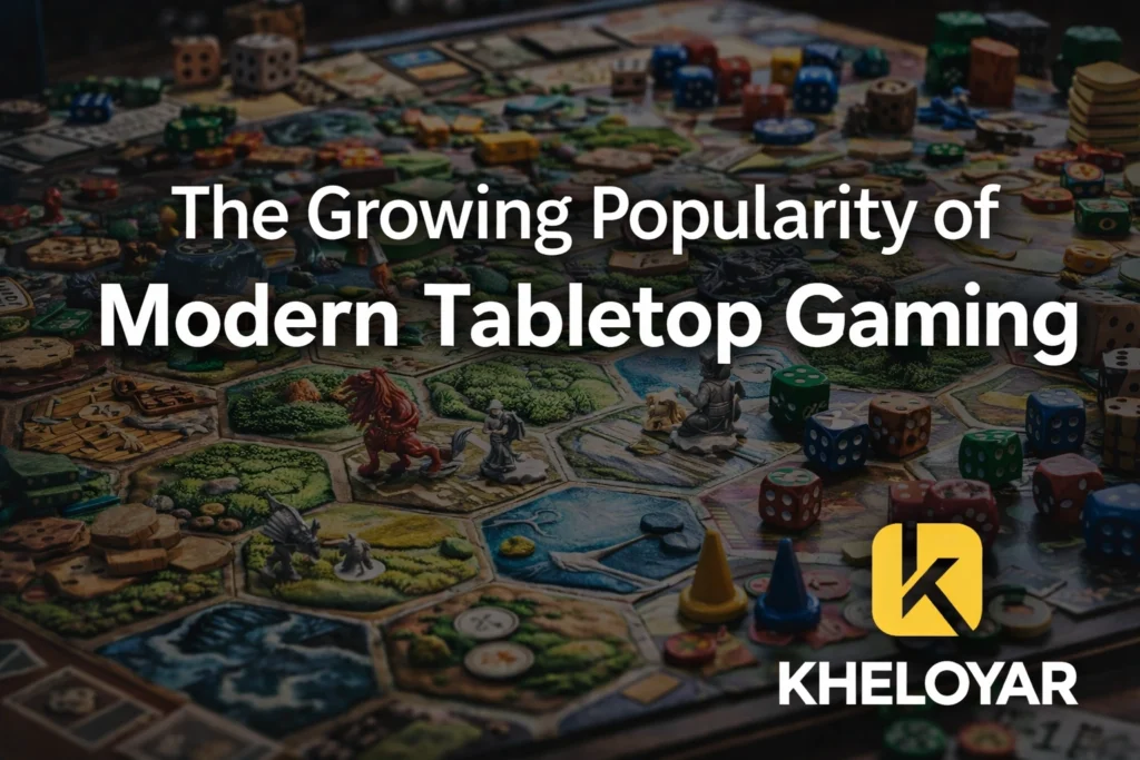 Growing popularity of modern tabletop gaming featuring board games cards dice and Kheloyaar logo