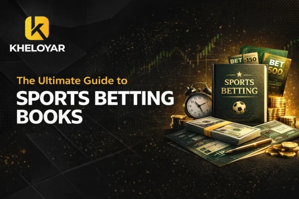 The Ultimate Guide to Sports Betting Books with Kheloyar logo, sports betting book, money, betting tickets and analytics chart.