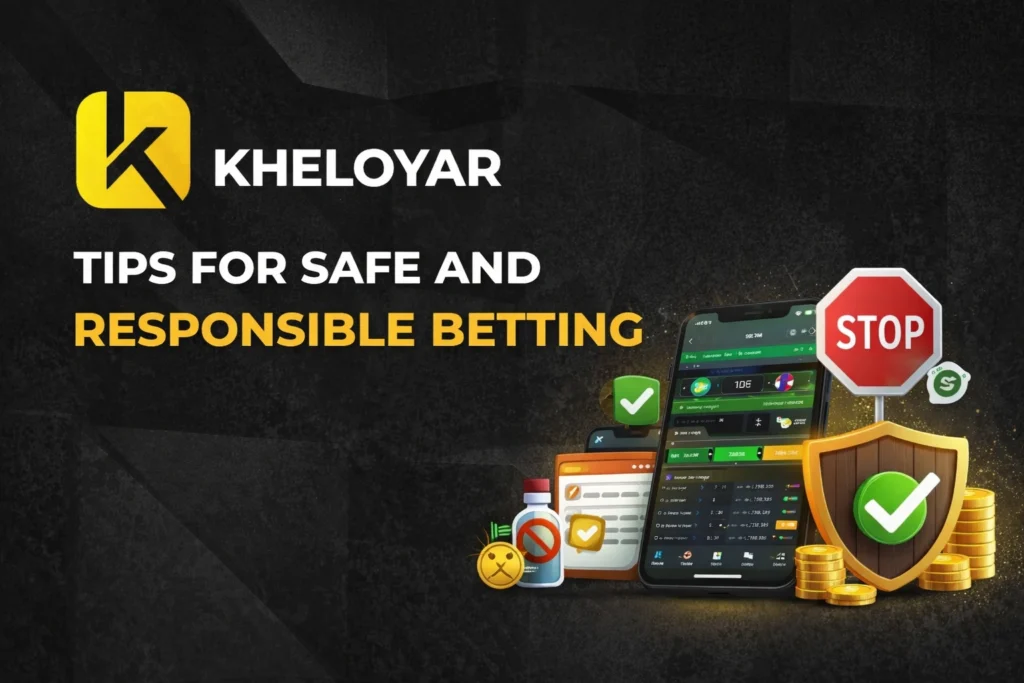 Tips for Safe and Responsible Betting with KheloYaar Logo and Mobile Sports Betting Interface