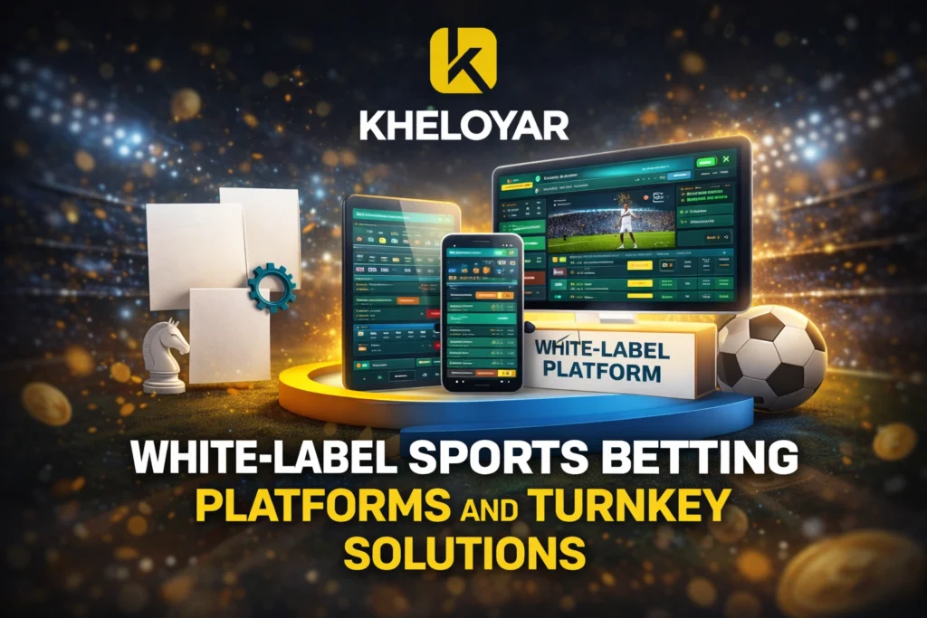 White-Label Sports Betting Platforms and Turnkey Solutions banner with Kheloyar logo and multi-device betting interface