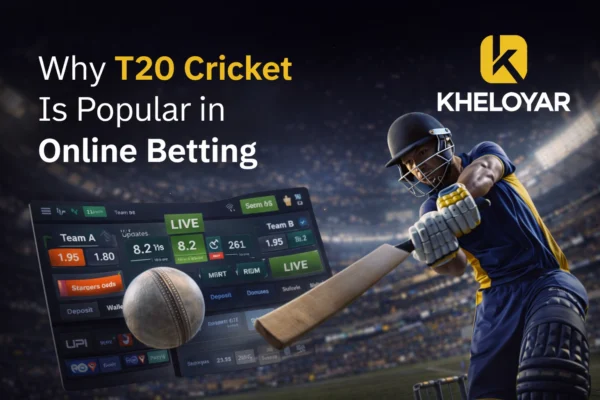 Why T20 cricket is popular in online betting with Kheloyaar logo and cricket stadium background