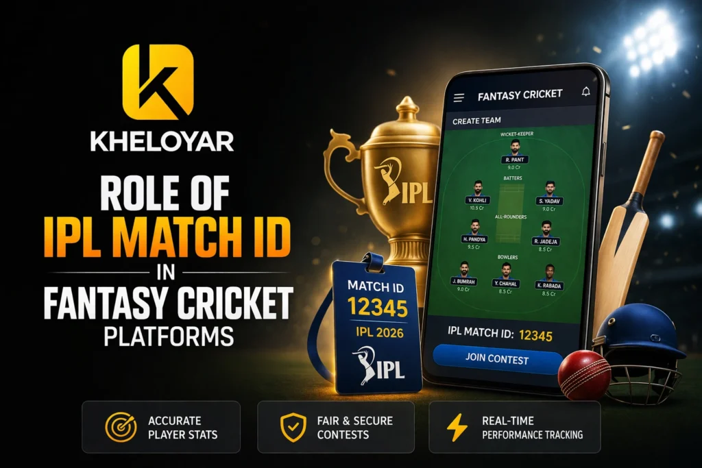 Role of IPL Match ID in fantasy cricket platforms with Kheloyar logo and digital cricket interface