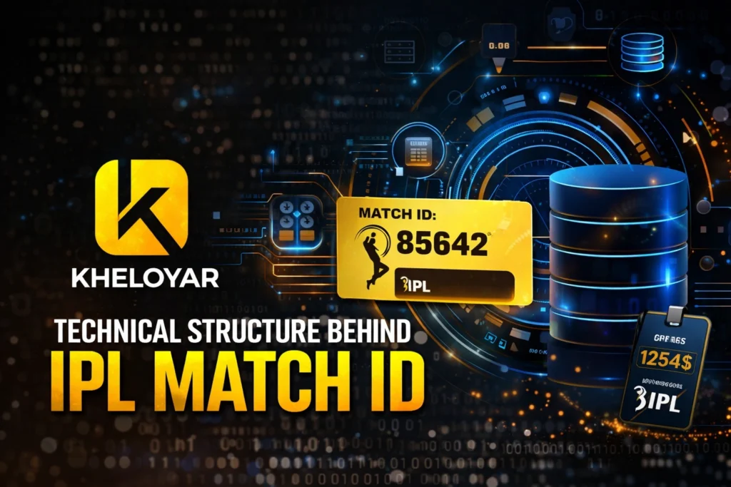 Technical structure behind IPL Match ID with Kheloyar logo showing database and cricket data system